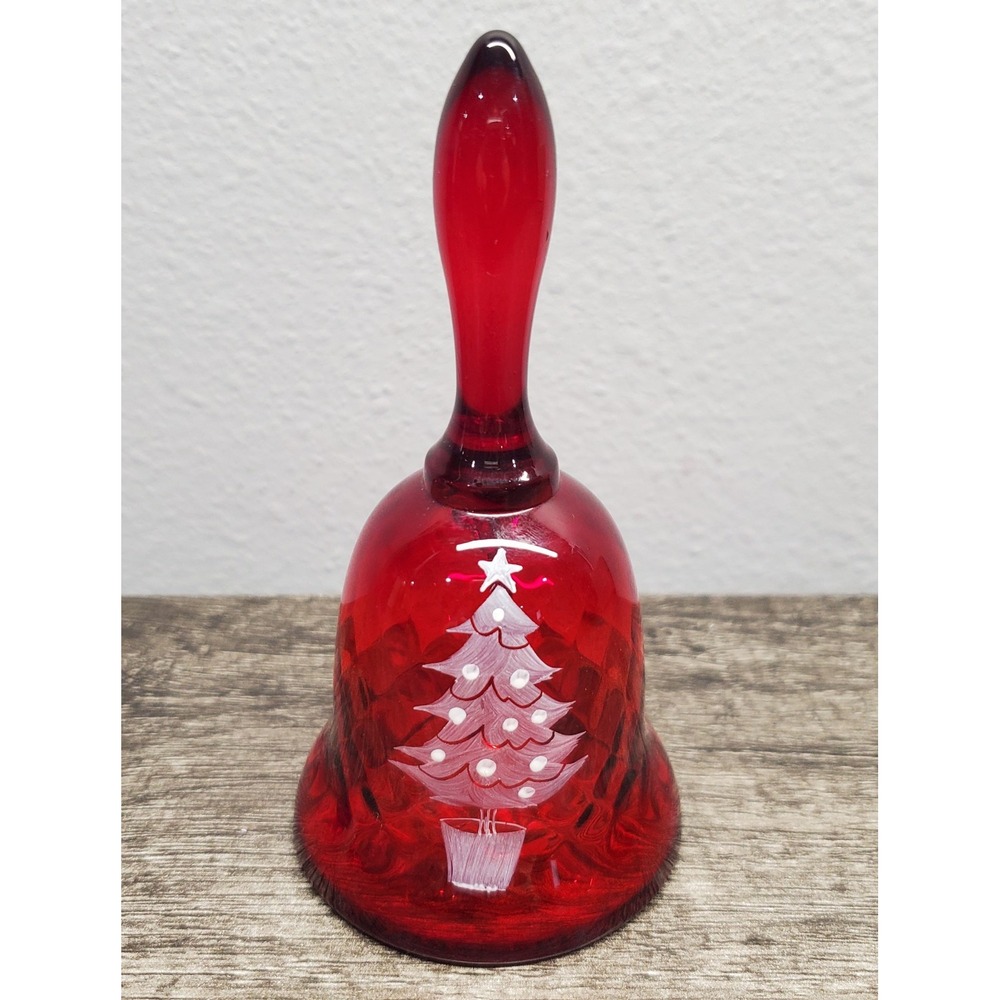 Fenton Hand Painted Red Tree Christmas Bell 4 1/4" Signed L Watson Glows RARE